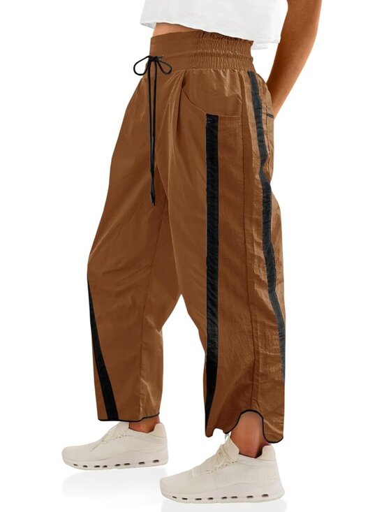Pants - Women's Camel High Rise Baggy Wide Leg Pants Casual Drawstring Elastic Waisted
